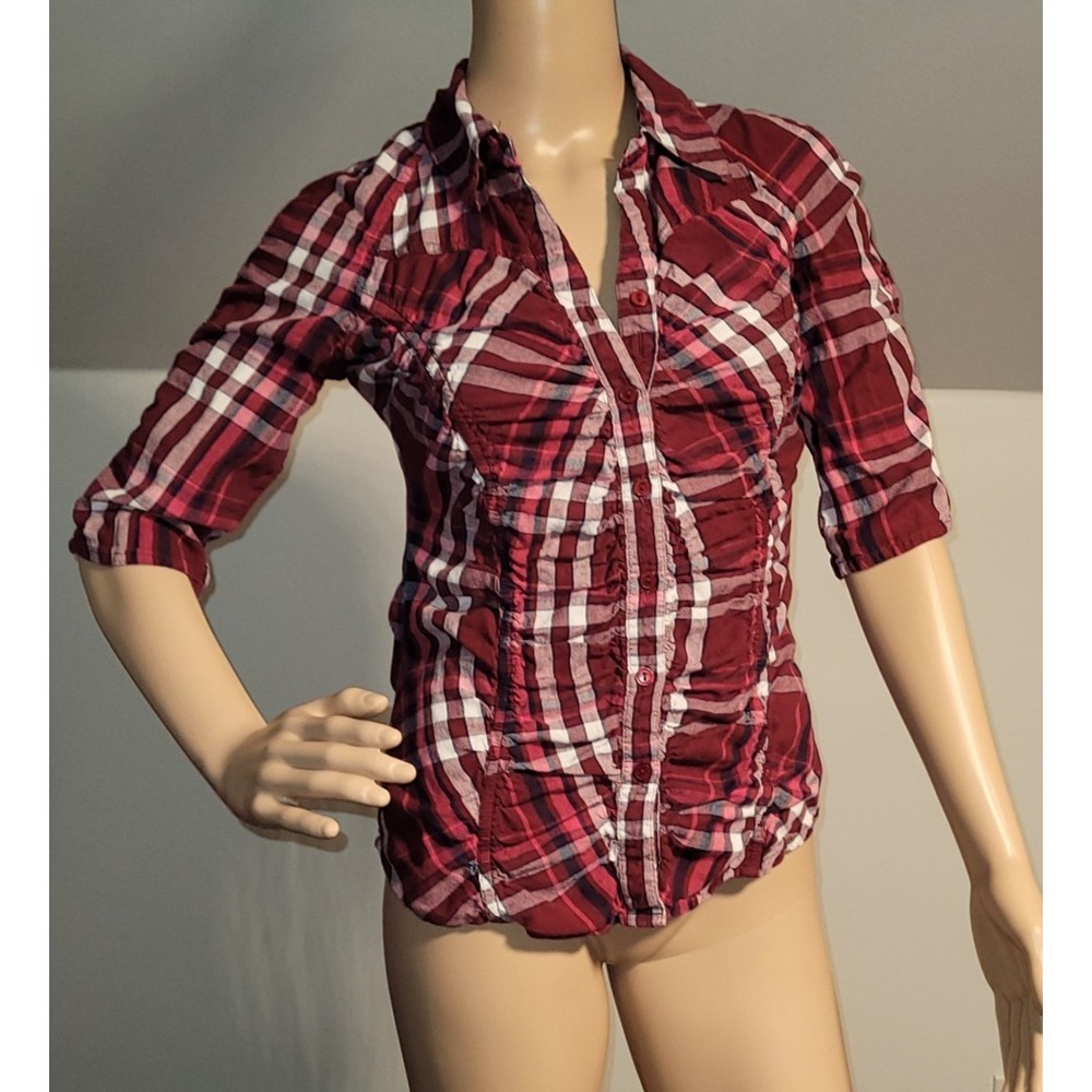 Warehouse One Women's Plaid Button-Up Shirt Size 6 Burgundy Pink White 100% Cott